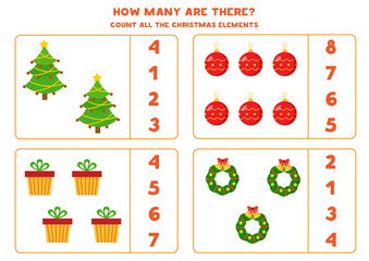 Count all Christmas elements. Math game with Christmas tree, present, wreath and ball.