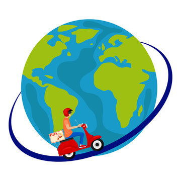 Pizza delivery. A man on a moped travels around the world delivering pizza. Vector illustration.