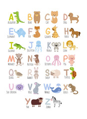 Obraz na płótnie Canvas English alphabet for children with images of cute animals. Children's alphabet for learning letters. Vector of a cartoon character. Zoo and animals.