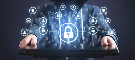 Hacker holding padlock and network. Cyber Crime