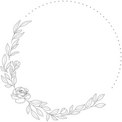 Fototapeta na wymiar Floral Wreath branch in hand drawn style. Floral round black and white frame of twigs, leaves and flowers. Frames for the Valentine's day, wedding decor, logo and identity template.