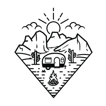 recommend clip art: illustration of an camp, line art desert scenery, camping with mountain views, outdoor adventure trip camp in desert, line art style