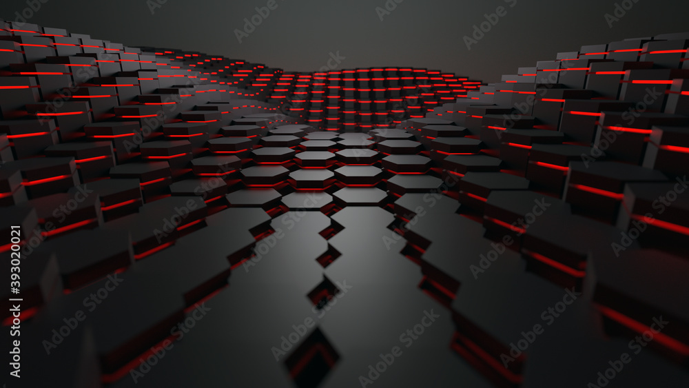 Poster 3d rendering hexagon geometric shape with red lighting technology abstract background
