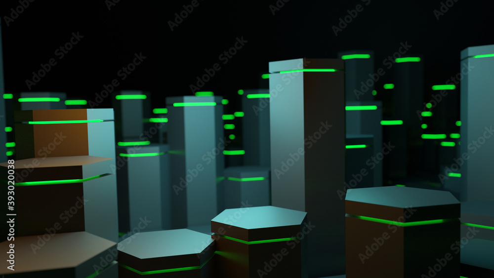 Poster 3d rendering hexagon geometric shape with green lighting technology abstract background