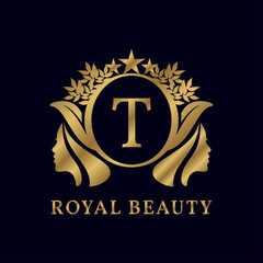 letter T with ladies face luxurious alphabet for bridal, wedding, beauty care logo, personal branding image, make up artist, or any other royal brand and company