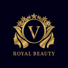 letter V with ladies face luxurious alphabet for bridal, wedding, beauty care logo, personal branding image, make up artist, or any other royal brand and company