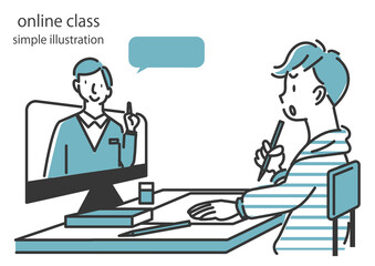 オンライン授業で困っている男の子のイラスト　シンプルでおしゃれな線画