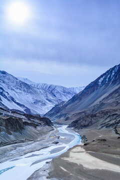 Confluence of the Indus and Zanskar Rivers which are almost frozen due to extreme cold during winter and famous for chadar trek at leh,Ladakh,India
