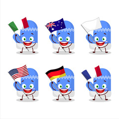 New blue gloves cartoon character bring the flags of various countries