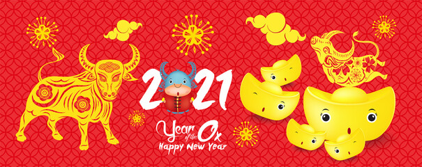 Happy Chinese new year 2021 chinese gold ingots, the year of the ox zodiac, Year of the ox banner