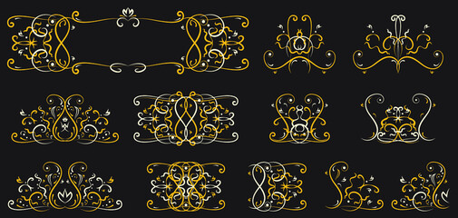 Collection of golden ornate ornaments on a black background. Abstract decor elements for design. Vector illustration. EPS 10.