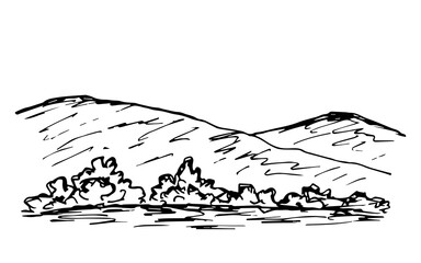 Simple hand-drawn vector drawing in black outline. Mountain landscape, trees and bushes in the foreground. Nature, hilly terrain. Sketch in ink.
