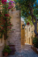 Fototapeta na wymiar Traditional architecture with narrow stone street and a colorfull bougainvillea in the medieval castle of Monemvasia, Lakonia, Peloponnese, Greece.