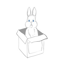 Cute Sketch Bunny with a Present Box. Beautiful and Adorable Bunny. Cute White Rabbit. Freehand Vector Illustration. Hand Drawing. Kids style. Vector Sketch. Stylized Cartoon Face of Bunny.
