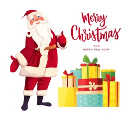 Santa Claus with thumbs up and different gift boxes. Merry Christmas hand lettering text. Cartoon vector illustration for Christmas and New Year greeting cards. 