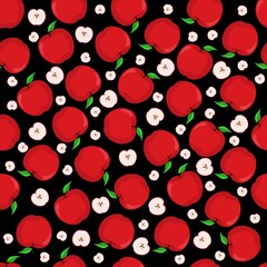 Apple Slice Seamless Pattern. Black Background. Vector Design Illustration.