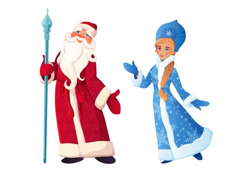 Russian Santa Claus with Snow Maiden. Ded Moroz and Snegurochka. Russian text Happy New Year. Cartoon vector illustration.