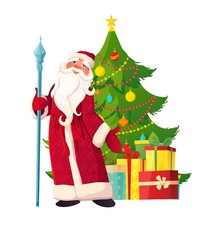 Russian Father Frost with stick in red clothes, decorated Christmas tree, gift boxes. Character Santa Claus or Ded Moroz. Cartoon vector illustration art.