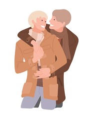 Same-sex couple on a date in cold weather. Gentle hugs of men in love in coat. Homosexuals enjoy romantic meeting. Guys spending time together on isolated white. Male couple. Vector stock illustration
