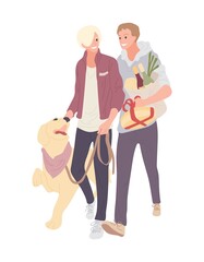 Obraz premium Happy homosexual male couple. Two men walk the dog, spend time together in love. Trip to store for gift and food. Enamored pet owners enjoy a shopping trip over isolated. Vector stock illustration.