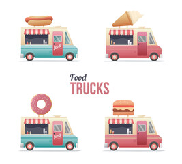 Food and ice cream trucks. Flat vector illustration. Street food set. Vehicle and fastfood. Delivery transport. Isolated on white background.