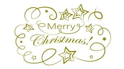 Fototapeta na wymiar Merry Christmas greeting card, decorative lettering with golden stars and curly lines, vector illustration.