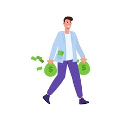 Happy Rich man, businessman character holding cash money bags. Vector illustration in cartoon style.