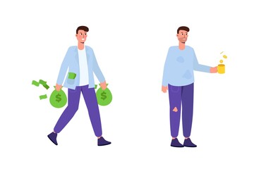 Rich and poor man. Wealth and poverty concept. Vector illustration in cartoon style.