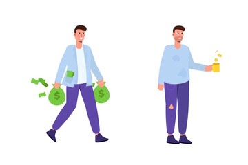 Rich and poor man.  Wealth and poverty concept. Vector illustration in cartoon style.
