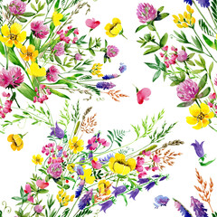 Seamless pattern and Watercolor illustration field of grass and flowers