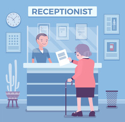 Hospital receptionist giving old woman information, checking in for appointment. Senior lady visiting medical clinic office, worker providing support to patient. Vector creative stylized illustration