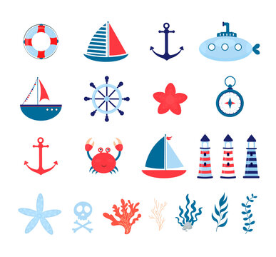 Cartoon sea life. Colorful set of sea transport. Elements of marine design: anchor, wheel, ship, lighthouse, crab, fish, starfish, lifebuoy.