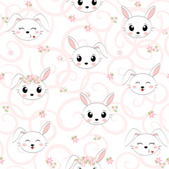 Simple pattern with a Bunny face with flowers on a white background. Vector illustration