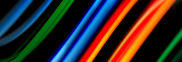 Fototapeta premium Dynamic motion abstract background. Color blurred stripes on black. Wave liquid lines poster. Vector illustration