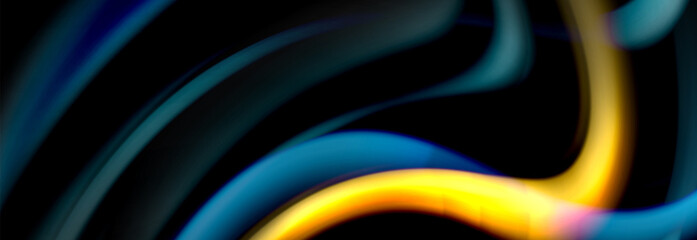 Dynamic motion abstract background. Color blurred stripes on black. Wave liquid lines poster. Vector illustration