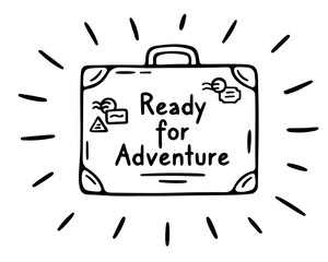 Vector vintage suitcase with stickers, markings and highlighted corners. Travel inspiration lettering 