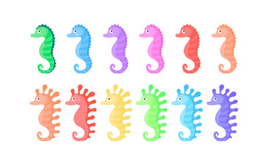 Seahorse vector cartoon set. Vector illustration of underwater marine life.