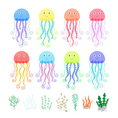 Set of sea jellyfish. Ocean water fauna of corals and algae vegetation. Vector sea elements for children design.