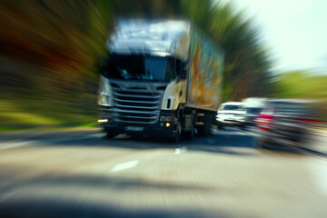 Truck in a blur on the road in motion. The danger of a collision or emergency situation. Violation...