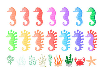 Seahorse vector cartoon set. Ocean fauna starfish crab water corals algae. Vector sea elements for children design.