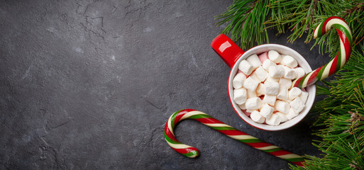 Christmas card with fir tree and cup with marshmallow