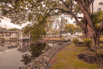 Background of tourist attractions in the park in Khon Kaen of Thailand(Khon Kaen Friendship Park -Nanking).There are accommodations and treadmills around the park for people to exercise or relax