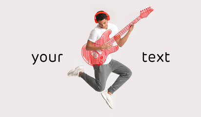 African-American teenager playing guitar and listening to music against light background with place for text
