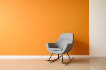 Stylish armchair near color wall in room