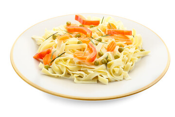 Plate with tasty pasta primavera on white background