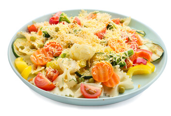 Plate with tasty pasta primavera on white background