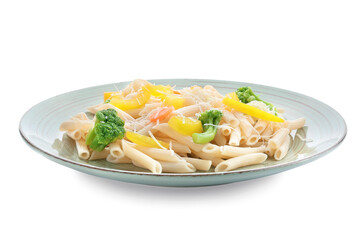Plate with tasty pasta primavera on white background