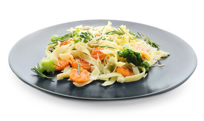 Plate with tasty pasta primavera on white background