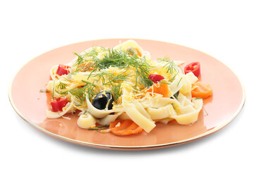 Plate with tasty pasta primavera on white background