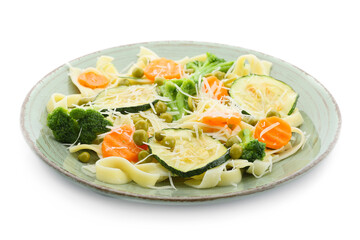 Plate with tasty pasta primavera on white background